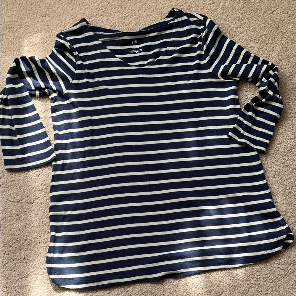 J.Jill Navy and Sage Striped 3/4 Sleeve Pima Cotton Top